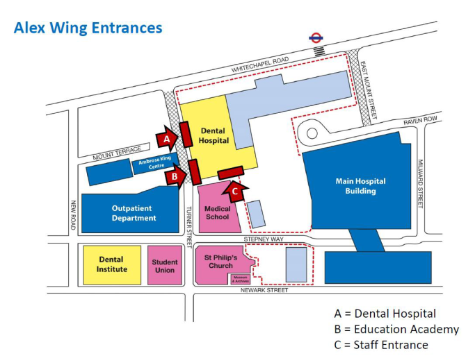 Schematic map of the Alex Wing entrances. Entrance A is the Dental Hospital, entrance B on Turner Street is the Education Academy, and entrance C is the staff entrance.